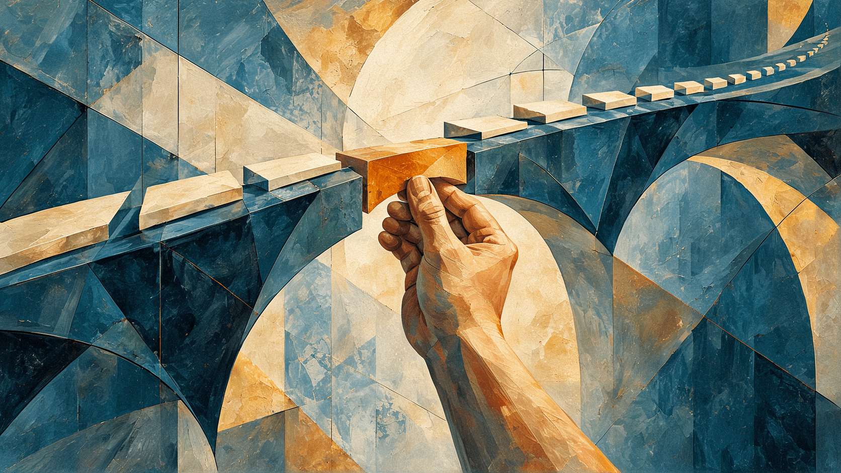 Copertina in stile futurista: una mano inserisce il tassello mancante in un ponte di blocchi sospeso