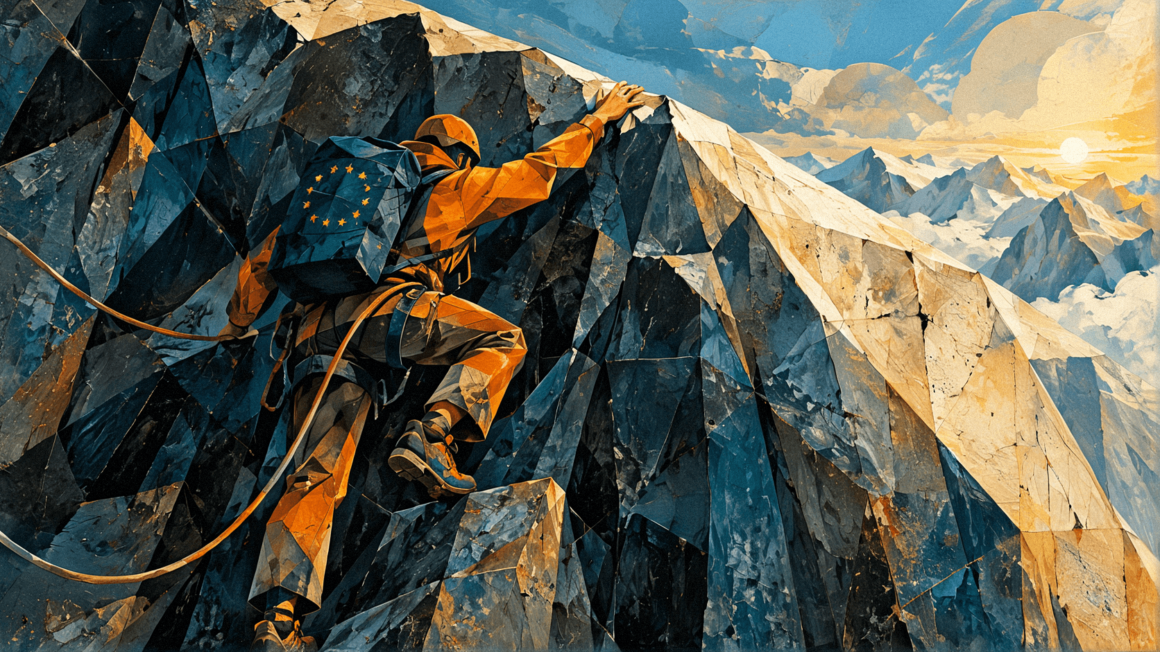 Alpinista con lo zaino della bandiera europea scala una parete rocciosa verso la vetta, metafora di Mistral Large 4 vicino alla frontiera