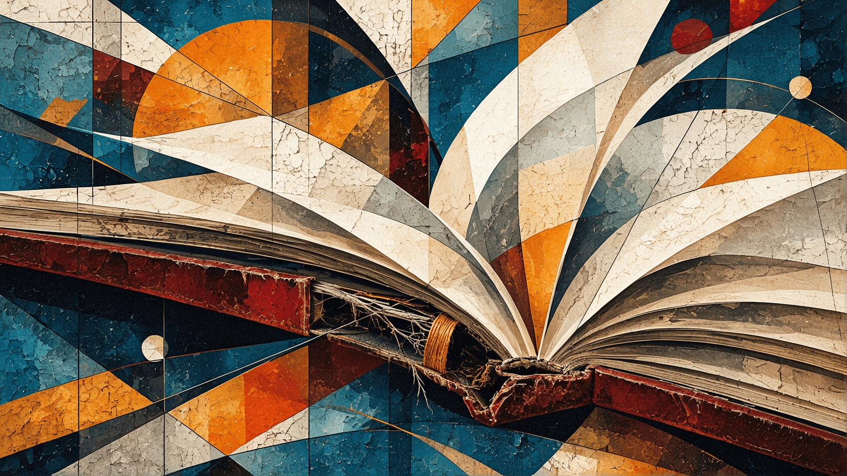 Copertina in stile futurista: un libro aperto con la rilegatura che si sta strappando