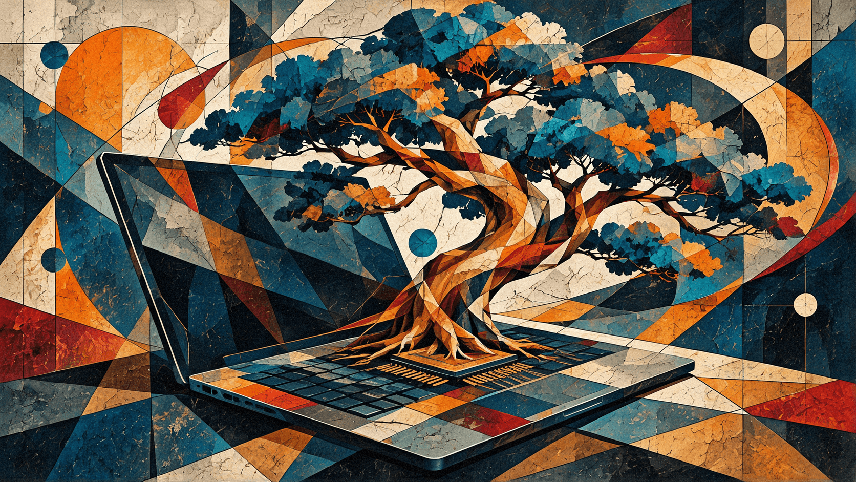 Copertina in stile futurista: un bonsai cresce dalla tastiera di un portatile