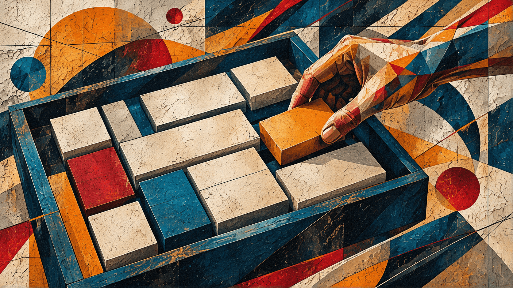 Copertina in stile futurista: una mano compone blocchi modulari all'interno di una griglia
