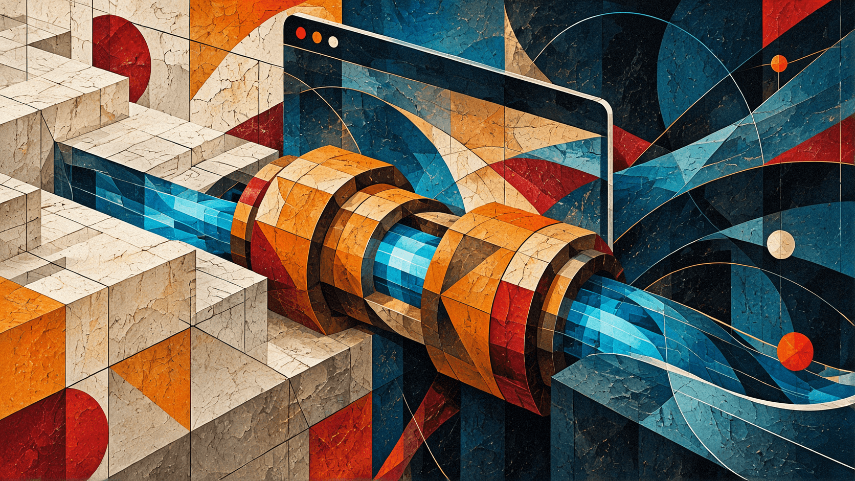 Copertina in stile futurista: un condotto collega blocchi geometrici alla finestra di un browser