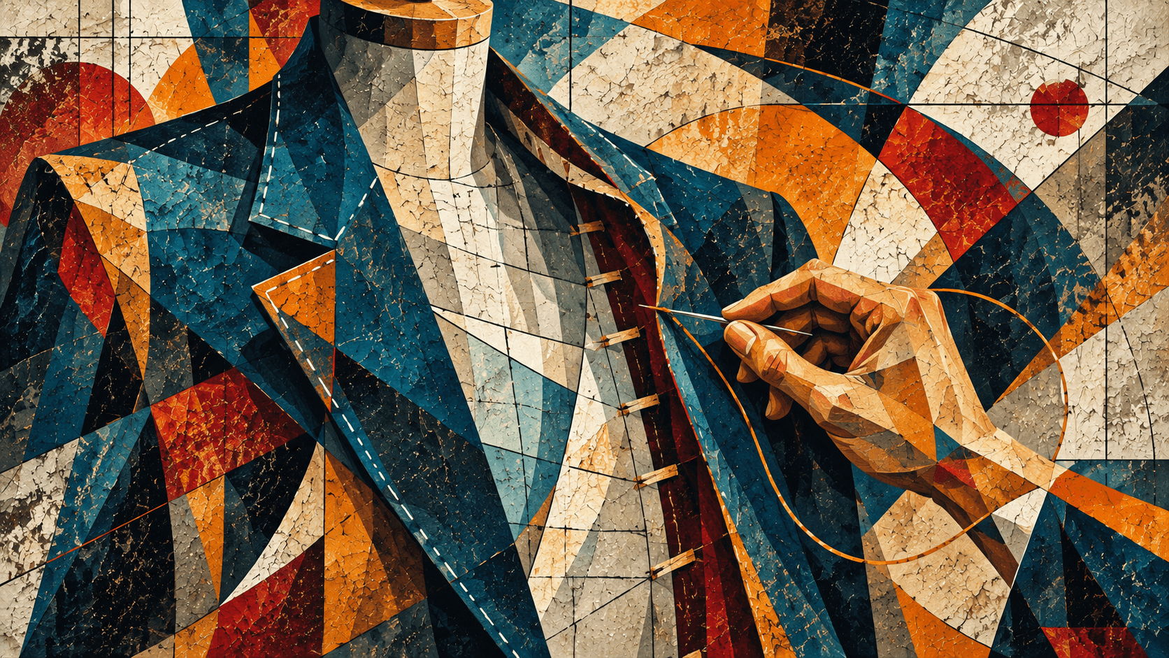 Copertina in stile futurista: una mano cuce su misura una giacca scomposta in forme geometriche