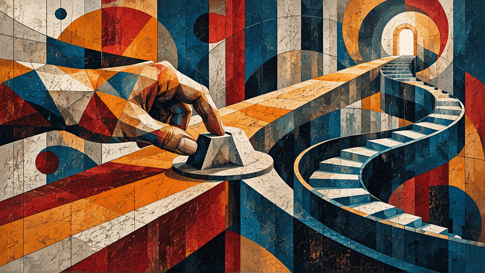 Copertina in stile futurista: una mano posa un blocco su un percorso che conduce a una scala a spirale