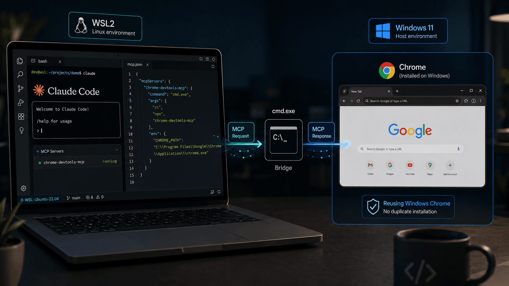 Rappresentazione di un pc su WSL2 che dialoga con una interfaccia di Chrome installato su Windows