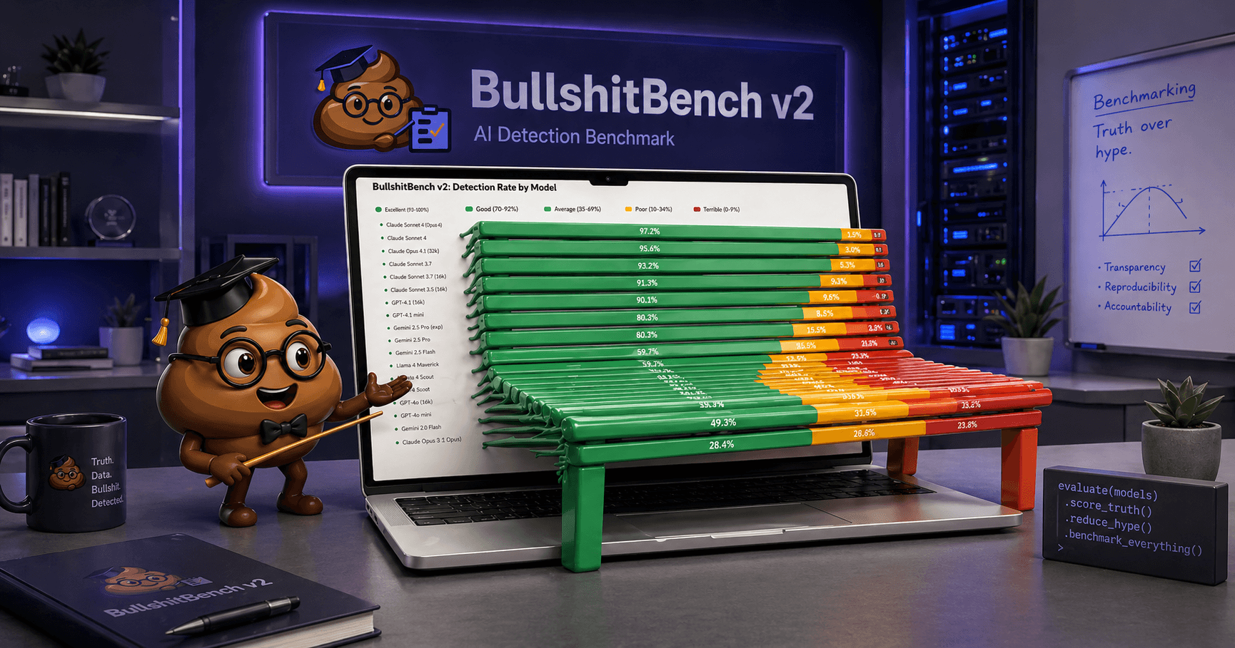 Immagine irrealistica di un pc che mostra i dati di un benchmark esplosi in un 3D tipo panchina, emoticons e altri elementi scenici