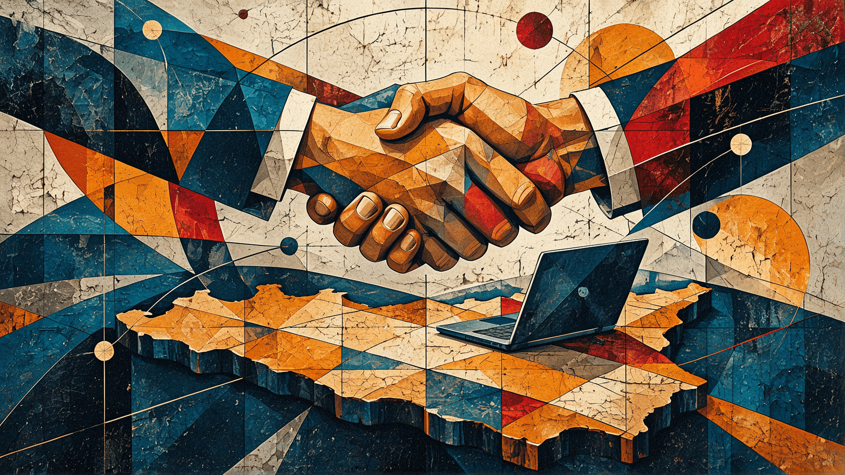Copertina in stile futurista: una stretta di mano sopra la sagoma della Sicilia con un portatile