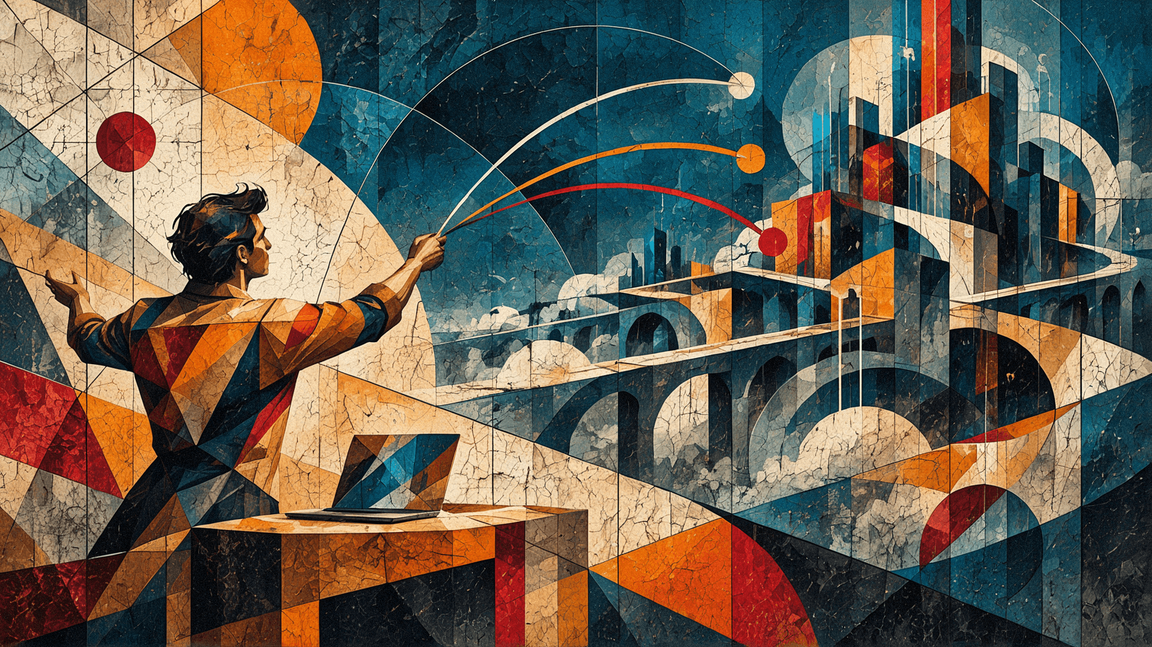 Copertina in stile futurista: una figura dirige con una bacchetta la costruzione di una città